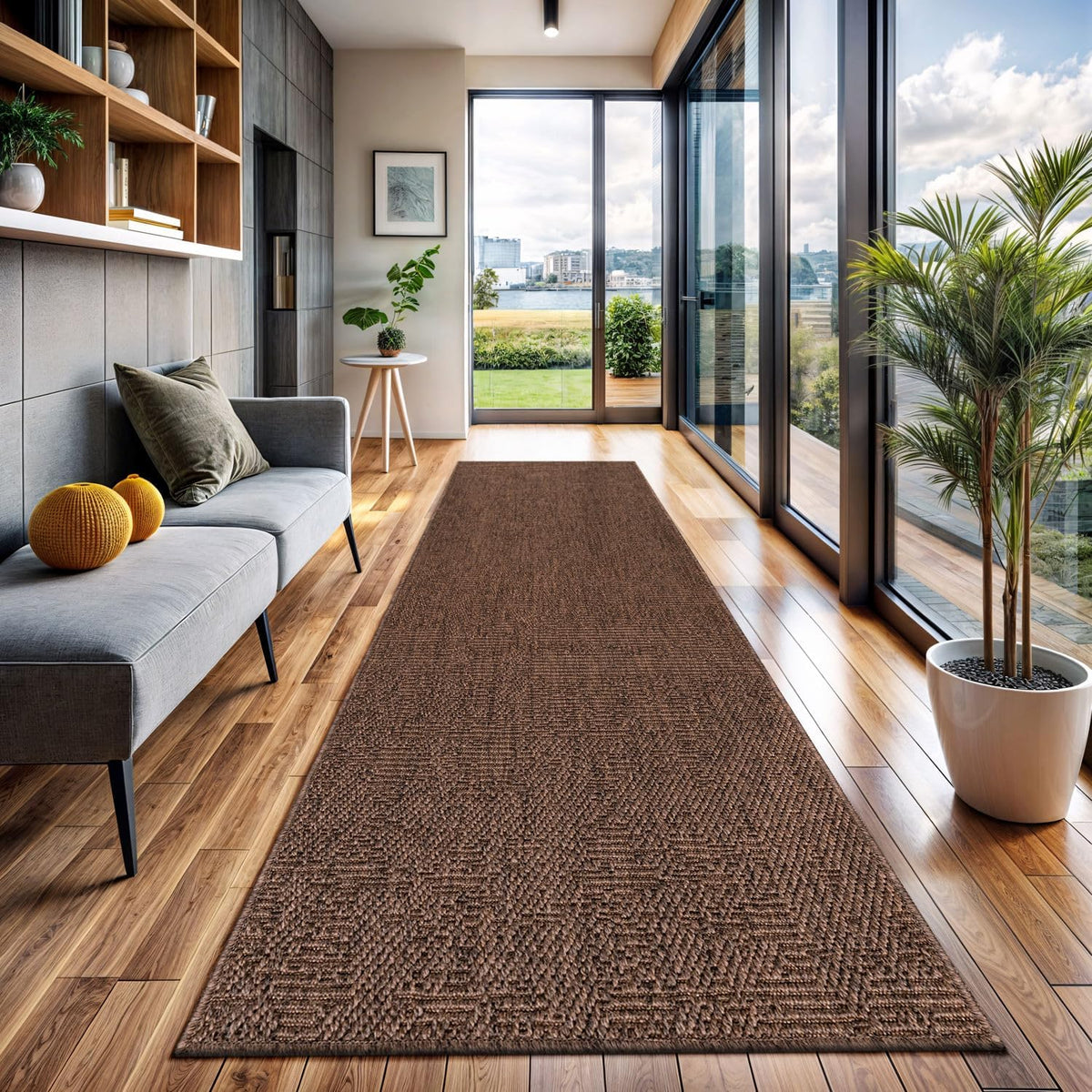 CAMILSON Indoor and Outdoor Runner Rug Brown Solid Boho Woven Design Easy-Cleaning Non Shedding