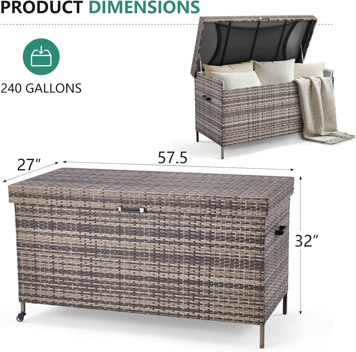 HOMREST Large Deck Box, Outdoor Wicker Storage Container with 240 Gallon, Patio Rattan Furniture