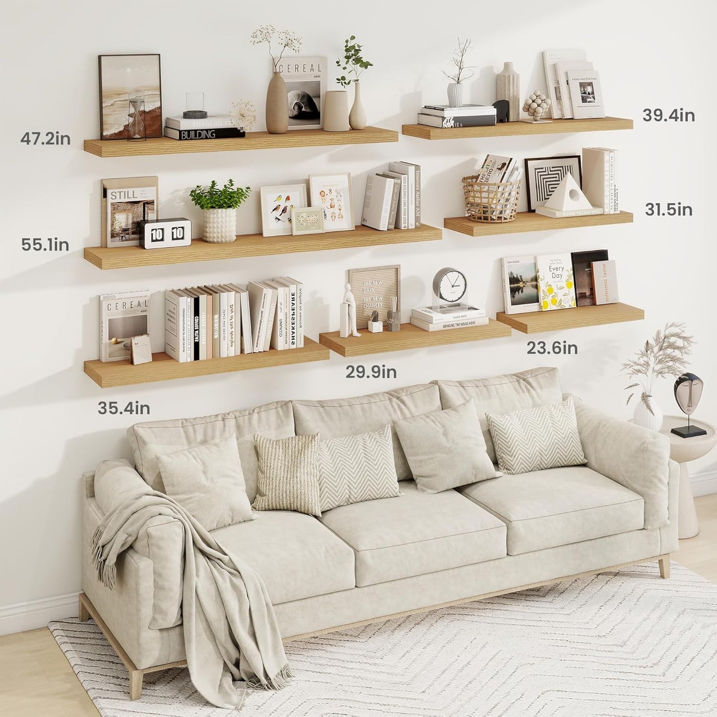 Fun Memories 48 Inch Deep Floating Shelves for Wall, 2 Pack of Long Wall Mounted Wood Shelves with