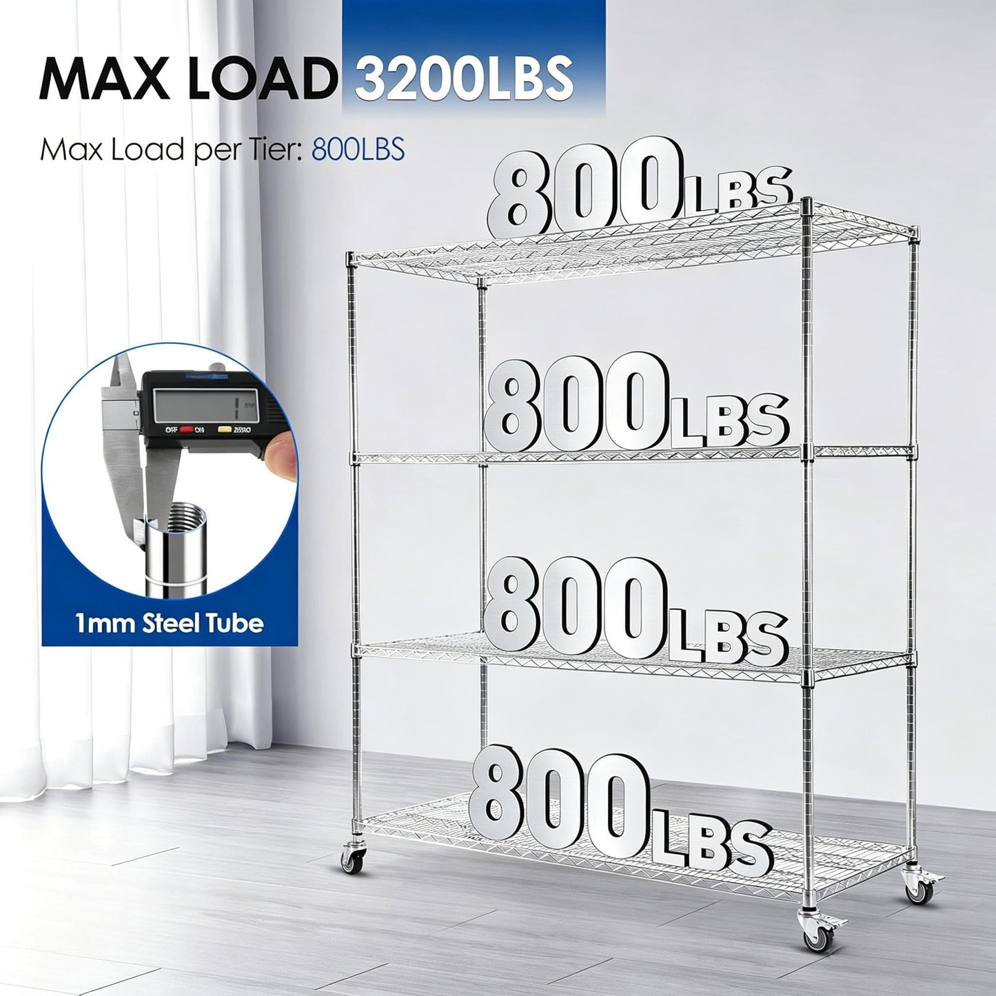 Rengue 60" W Storage Shelves with Wheels 4-Tier Heavy Duty Wire Shelving 72" H x 24" D Large Metal