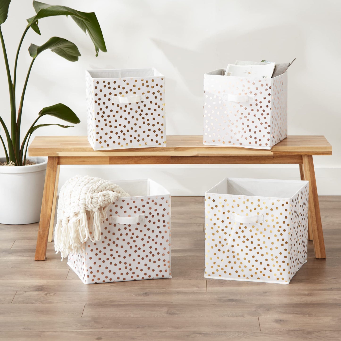 DII Woven Polyester Storage Bin, Polka Dot, White & Gold, Large Set of 2