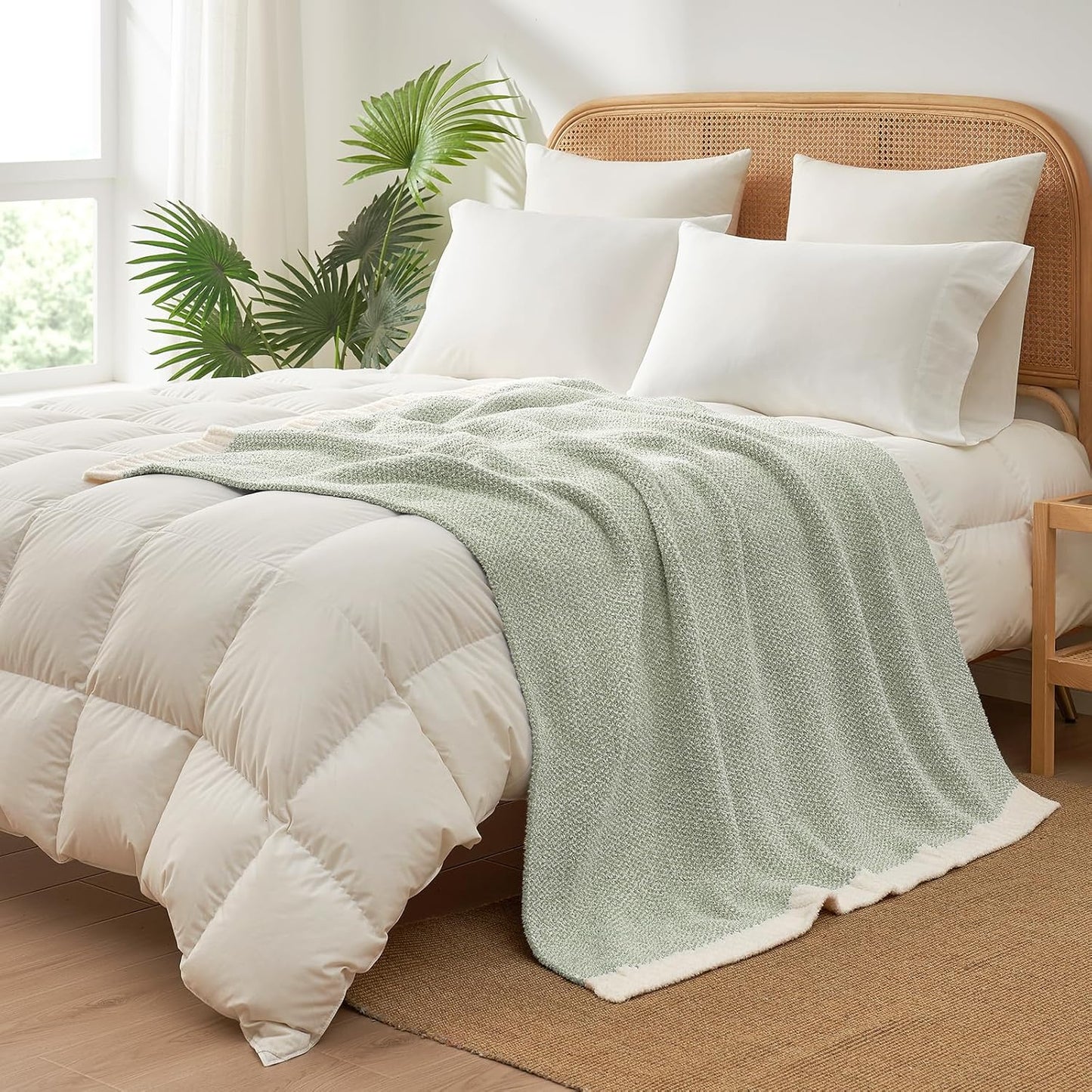 Snuggle Sac Heather Sage Green Throw Blanket for Couch, Reversible Super Soft Knitted Blankets Warm