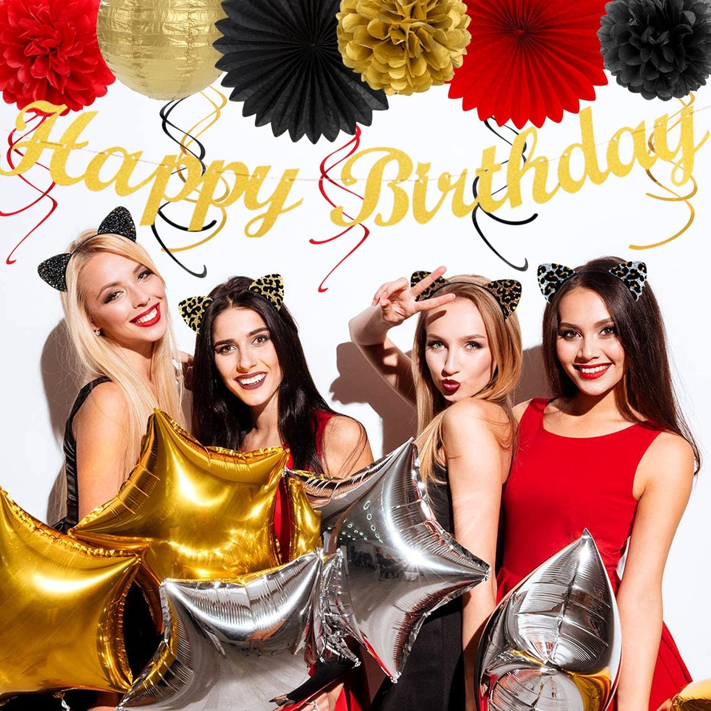 Red-Black Gold Casino-Theme Birthday Party-Decorations - 21pcs Happy Banner,Game Night Paper