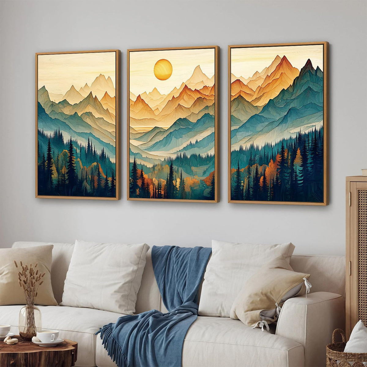 Tinonedraw Large Mountain Framed Canvas Wall Art Set of 3, Boho Nature Forest Wall Decor, Neutral