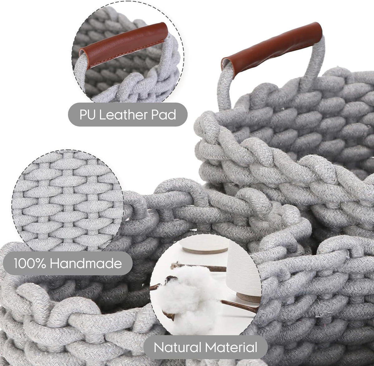 Sea Team 3-Pack Rectangle Woven Cotton Rope Storage Baskets with Handles, Shelf Basket, Closet