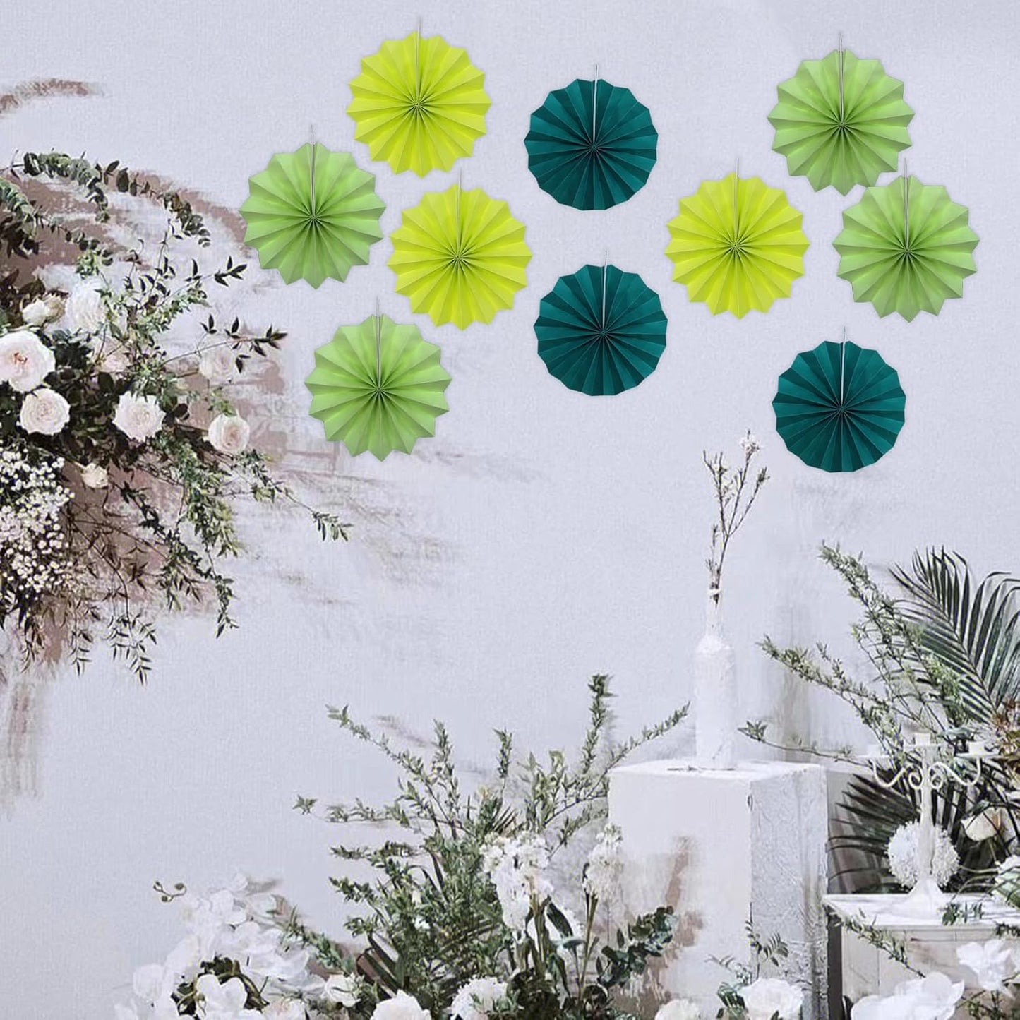BARTHEW Green Hanging Paper Fans, 8in, 30 Pack, DIY Set, Minimalist Modern Style, Green, Military