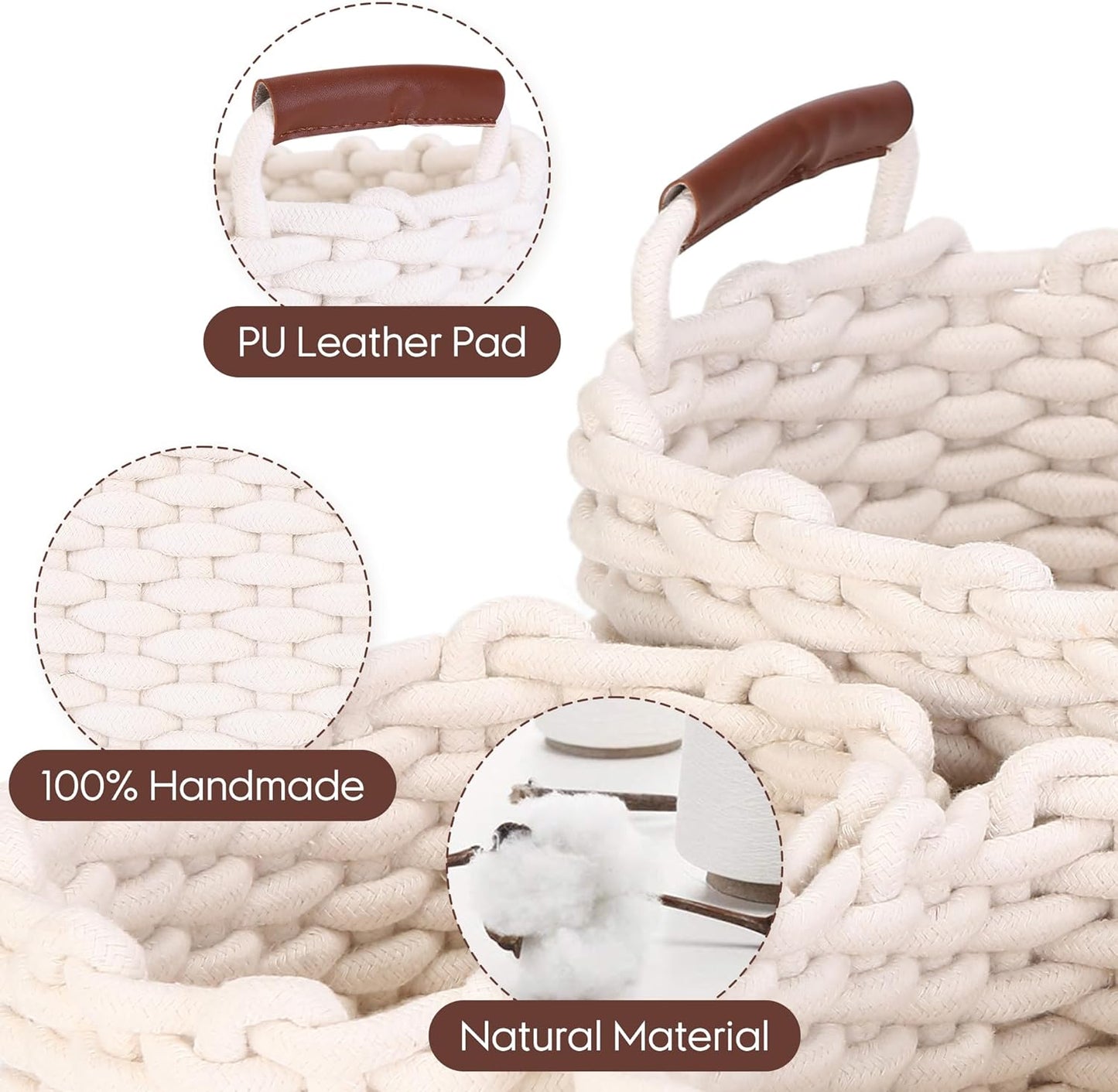 Sea Team 3-Pack Rectangle Woven Cotton Rope Storage Baskets with Handles, Shelf Basket, Closet