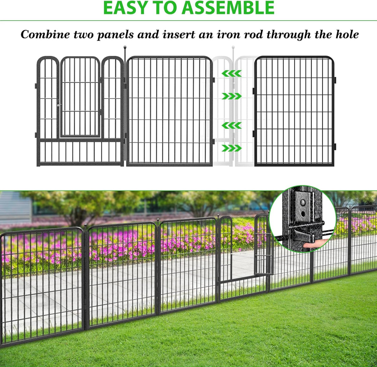 Decorative Black Metal Fencing Garden Fence with Gate, 64ft(L) 32in(H) 28 Fence Panels No Dig Fence