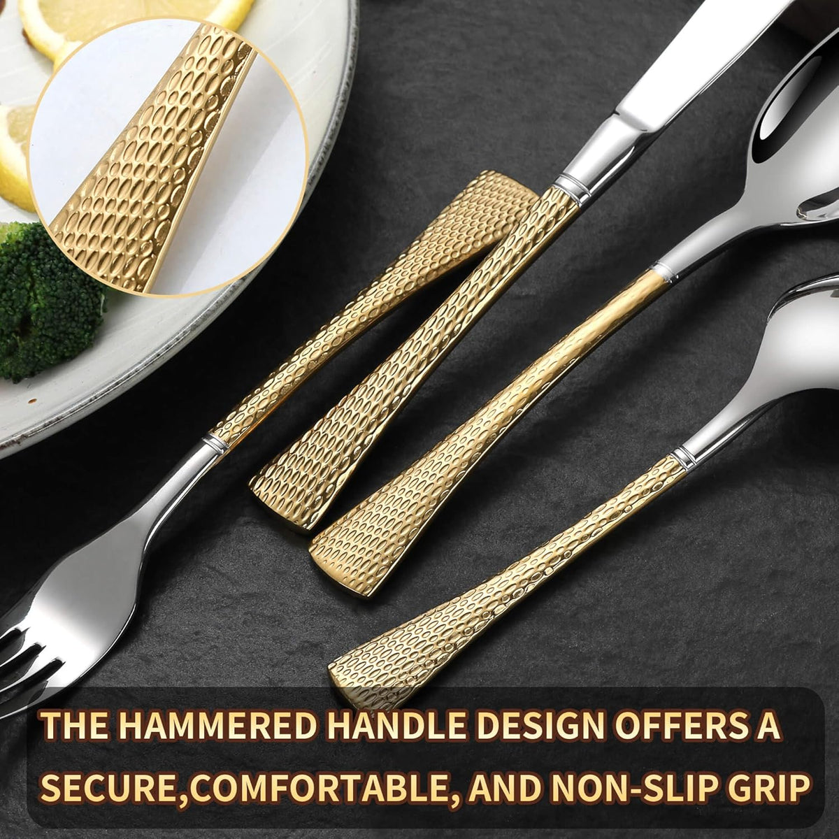 Hammered Silver Gold Silverware Set,20 Piece Modern Flatware Set Service for 4,Mirror Polished