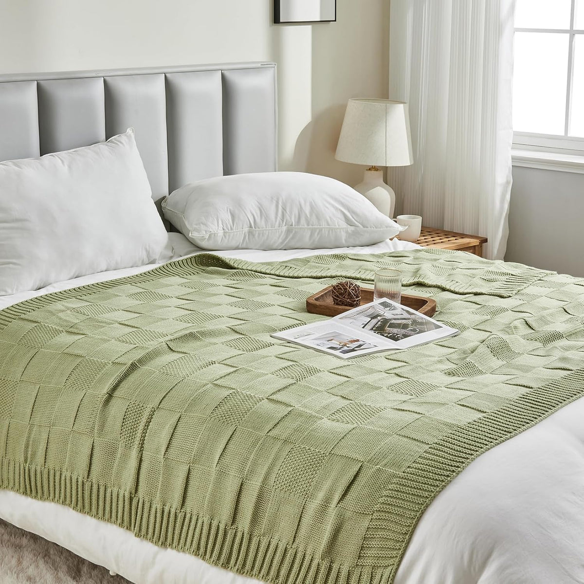 CozeCube Check Knit Throw Blanket, Sage Green Checkered Throw for Couch, Decorative Christmas Soft