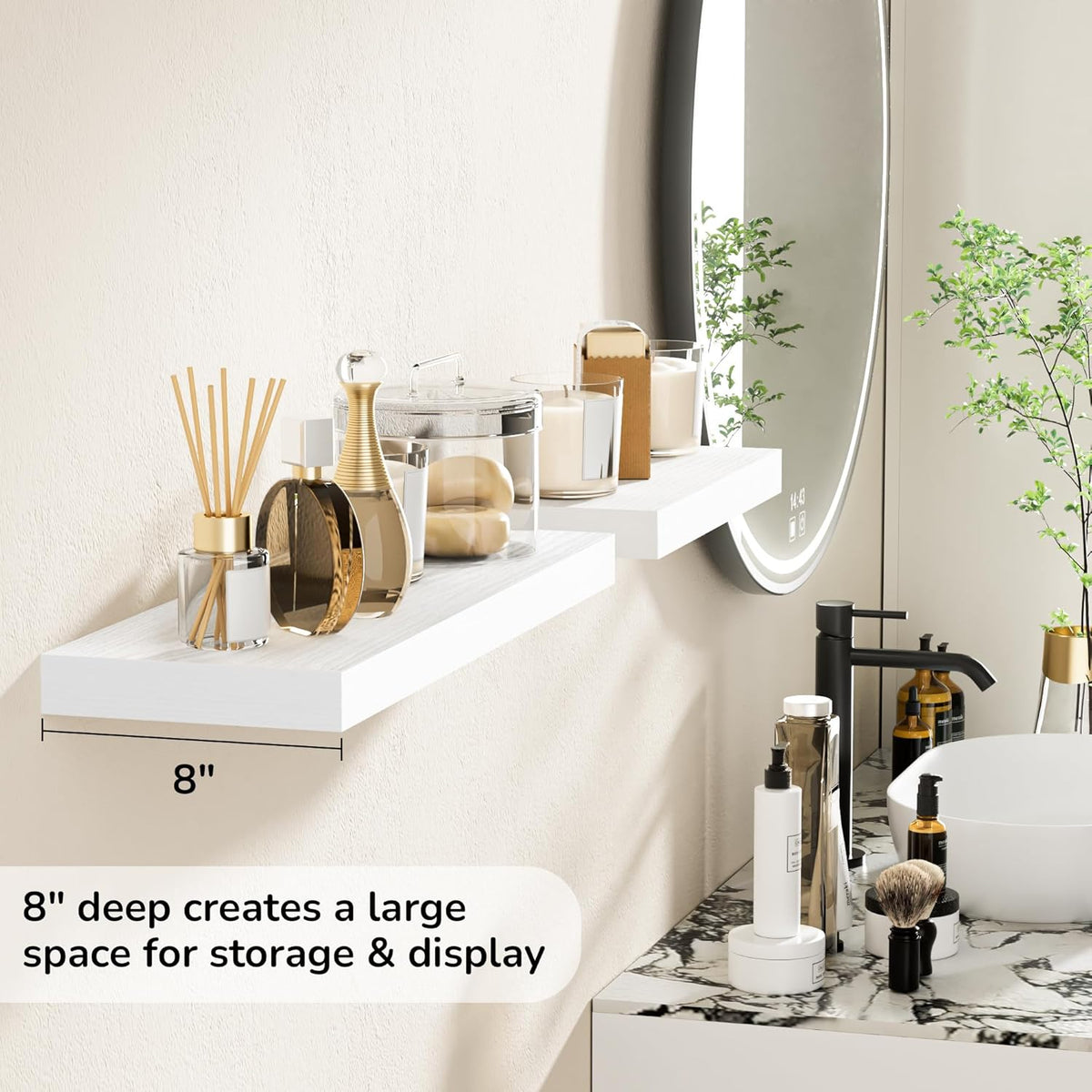 Fun Memories 24 Inch Floating Shelves - Deep Rustic White Wooden Wall Shelves - Extra Deeper &