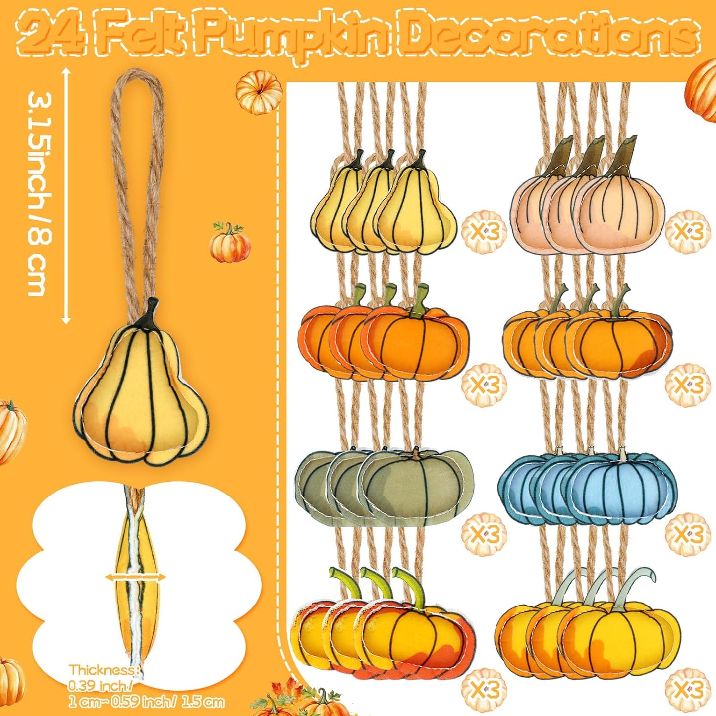 24 Pcs Fall Tree Ornaments Thanksgiving Tree Decoration 3D Felt Maple Leaf Pumpkin Hanging