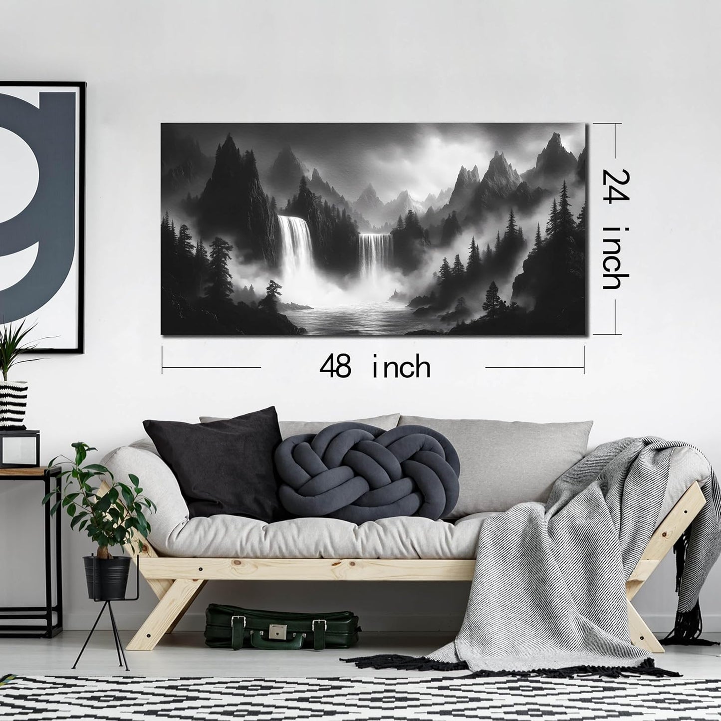 HUBOSKN Waterfall Pictures Wall Decor for Living Room - Mountain Wall Art for Office - Black and