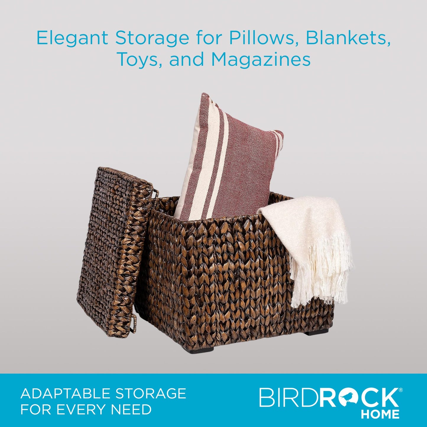 BIRDROCK HOME Storage Cube Box with Lid - Brown Wash Seagrass - Large Hand Woven Floor Container