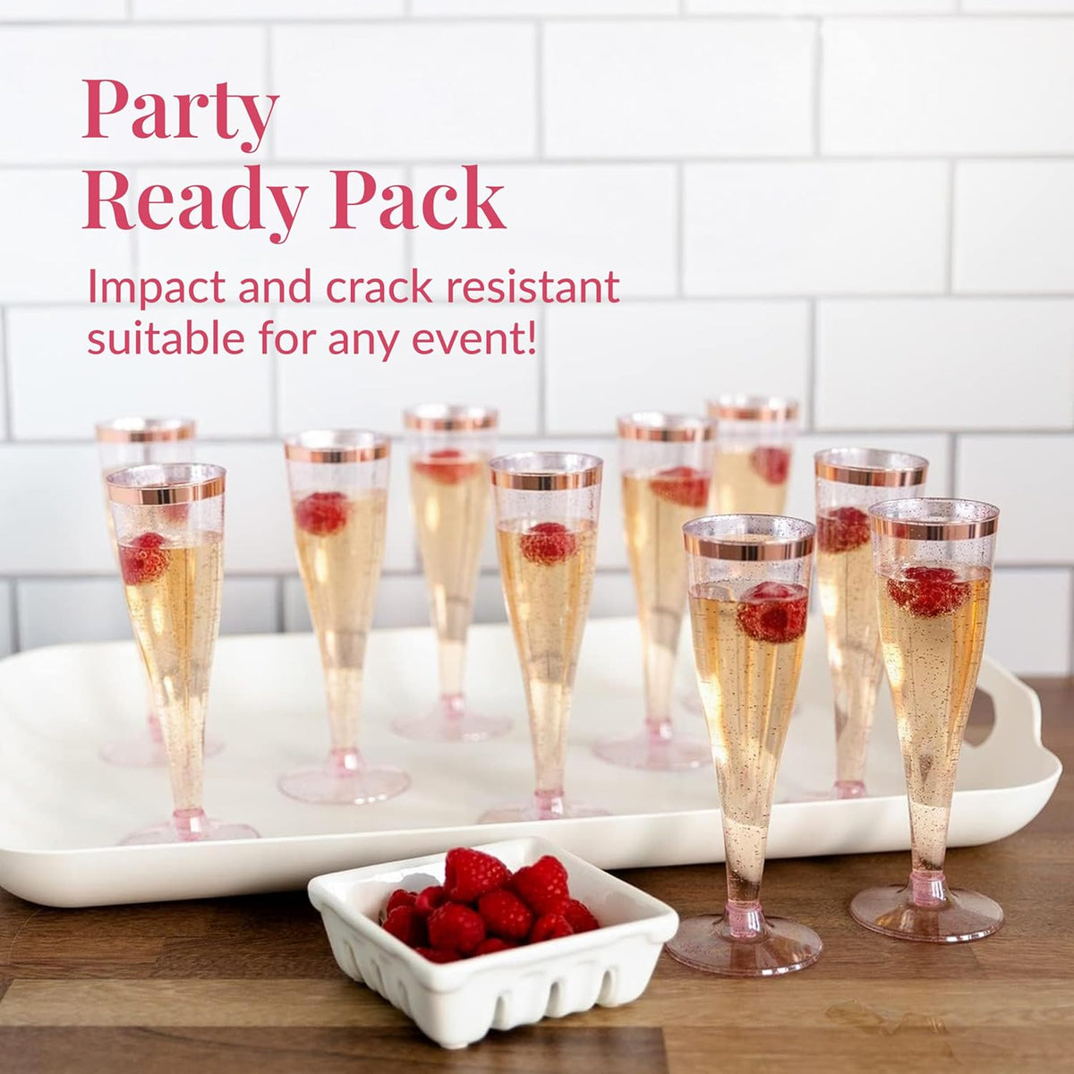 Prestee Set of 24 Plastic Champagne Flutes Disposable - Silver Glitter Pink Champagne Glasses with