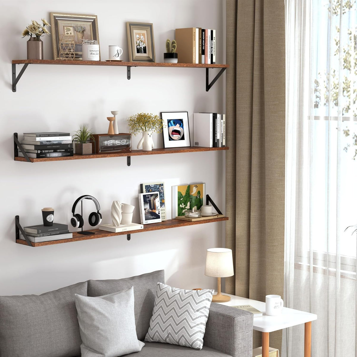 Heimlove 48 Inch Large Wall Bookshelves Set of 3, Wall Mounted Bookshelves,Heavy Duty Wooden