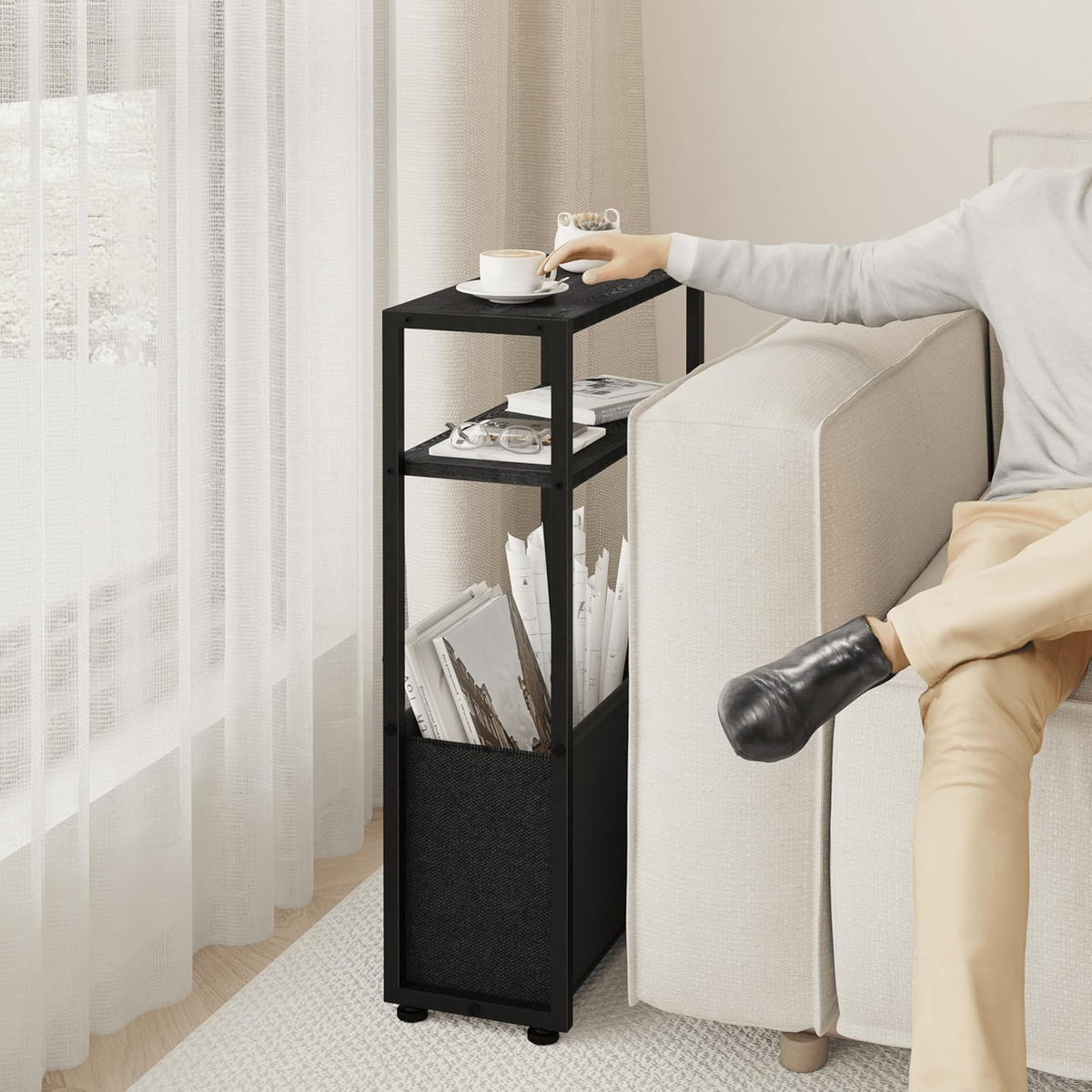 Black Side Table, Slim Side Table with Magazine Rack, Bathroom Table for Small Spaces, Narrow