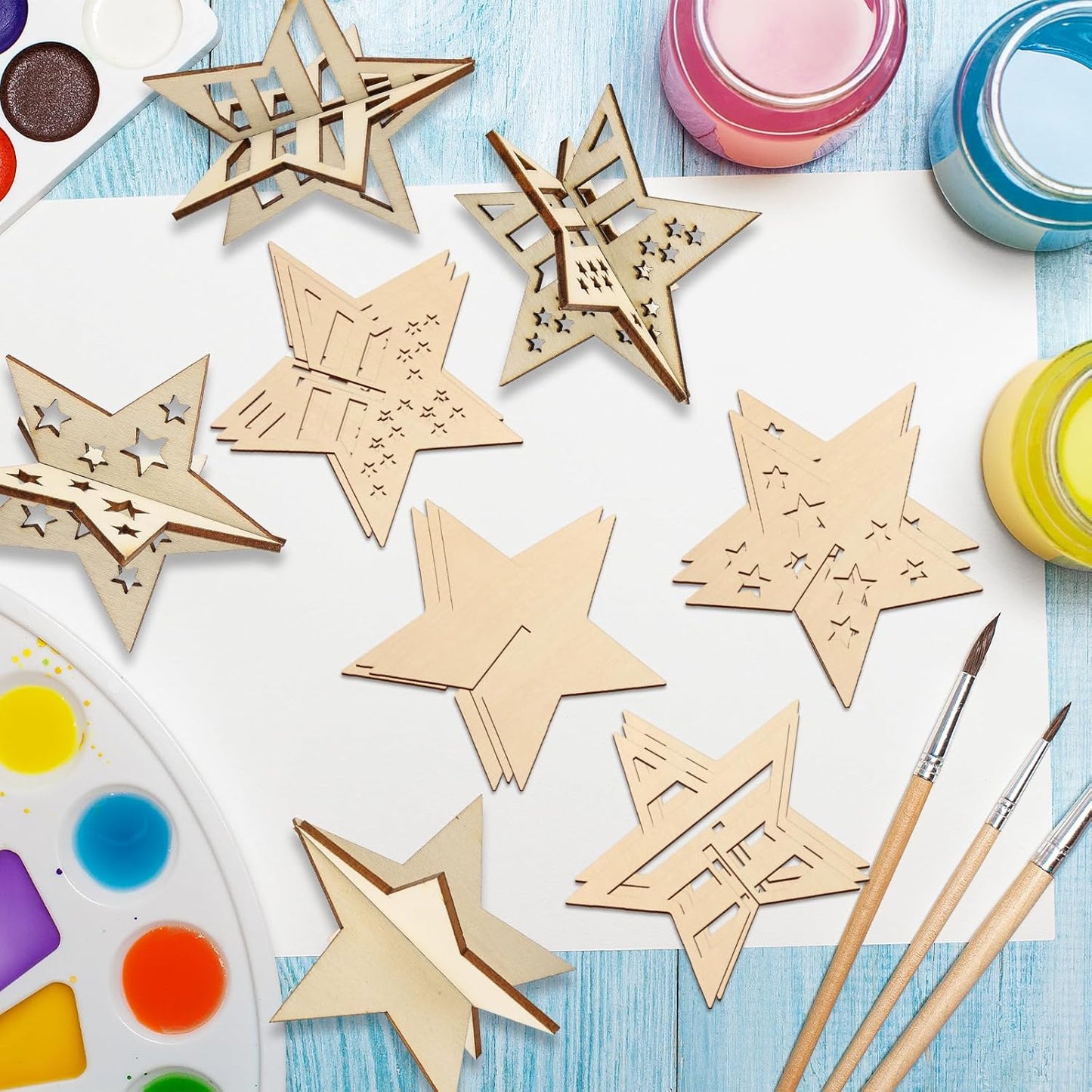 COCHIE DIY 3D 4th of July Stars Wood Crafts to Paint for Kids Adults, Paintable Unfinished Wooden