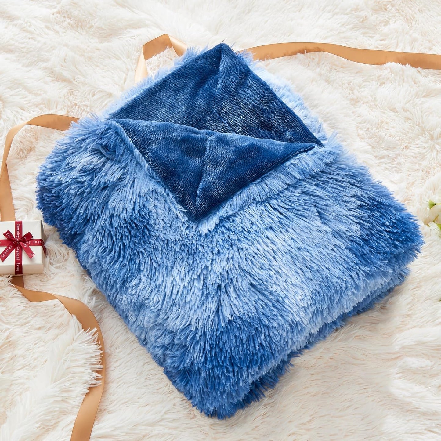 GONAAP Fuzzy Faux Fur Throw Blanket Twin Size Indigo Super Soft Cozy Plush Fuzzy Shaggy Blanket for
