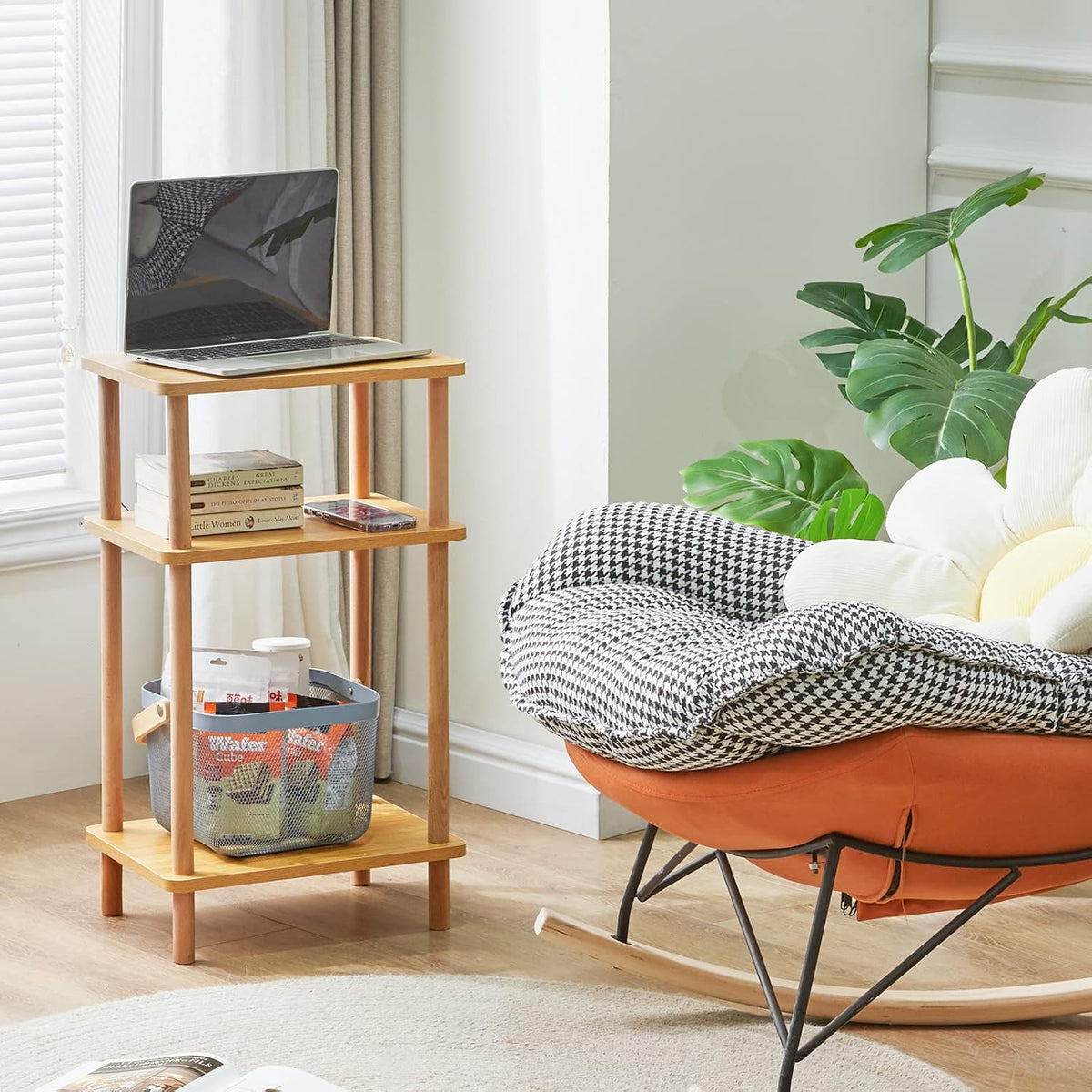 IBUYKE 3-Tier Side Table, Solid Wood Tall End Table with Storage Shelves, Nightstand Bedside Table