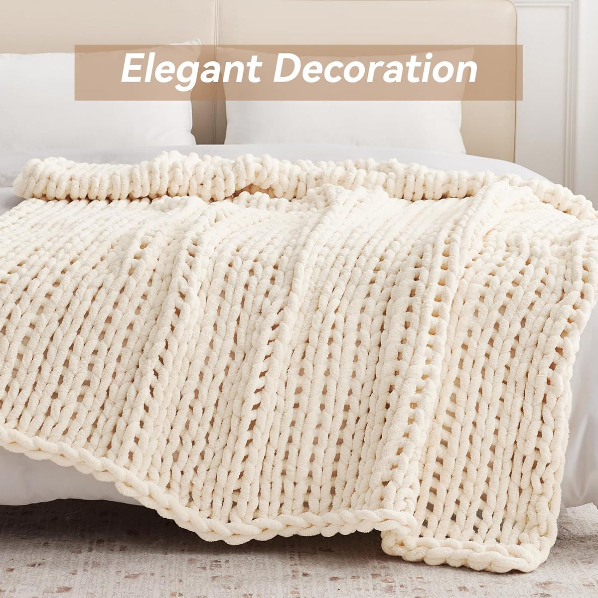 Chunky Knit Throw Blanket, 80''*90'' Knitted Throw Chenille Yarn for Bed Couch, Handmade Cream