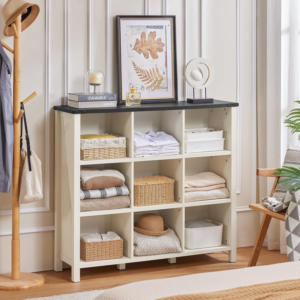 9 Cube Bookcase, Farmhouse 47 Inch Wide White Bookshelf, Wooden 3 Tier Display Large Open Book