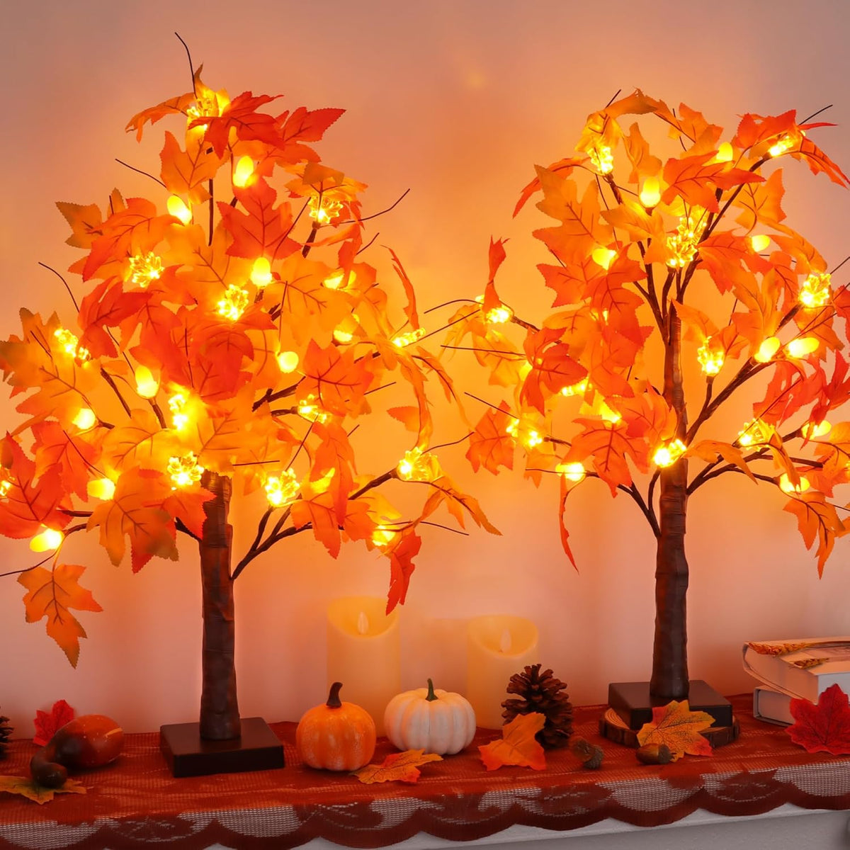 2 Pack 24 Inch Prelit Fall Maple Tree Fall Decor with 48 LEDs Timer Battery Operated Artificial