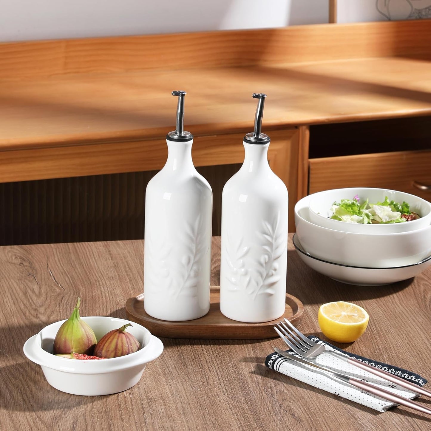 Sweejar Ceramic Olive Oil Dispenser Bottle, 20 Oz Relief Opaque Oil Cruet Protects To Reduce