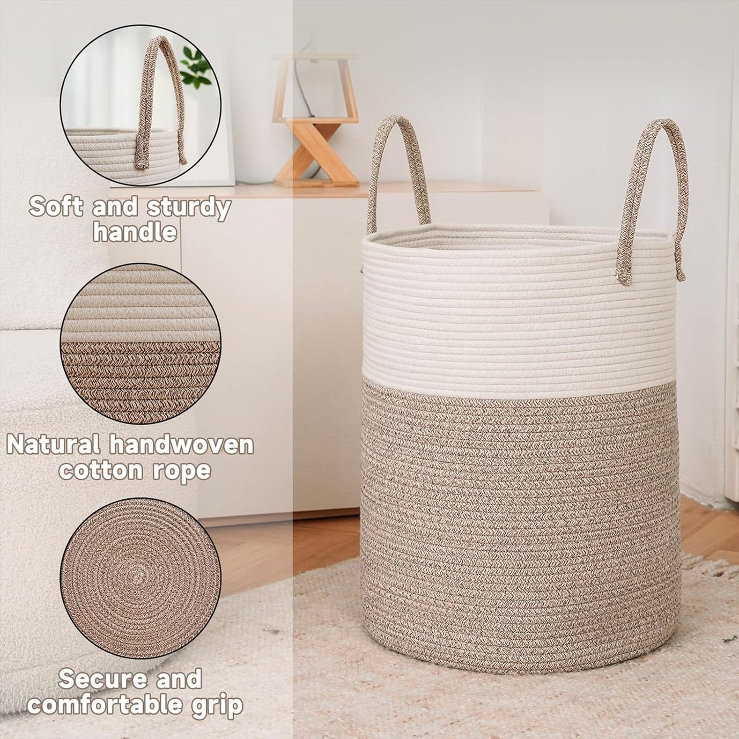 Large Woven Laundry Basket Hamper,80L Cotton Rope Storage Bin for Blankets,Toys and