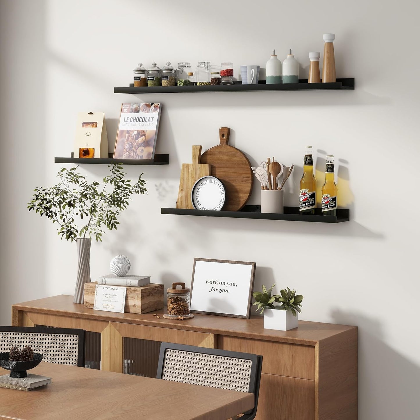 Picture Ledge Wall Shelves - 16 Inch Width Set of 3, Solid Pine Wood Rustic Floating Ledge Shelves