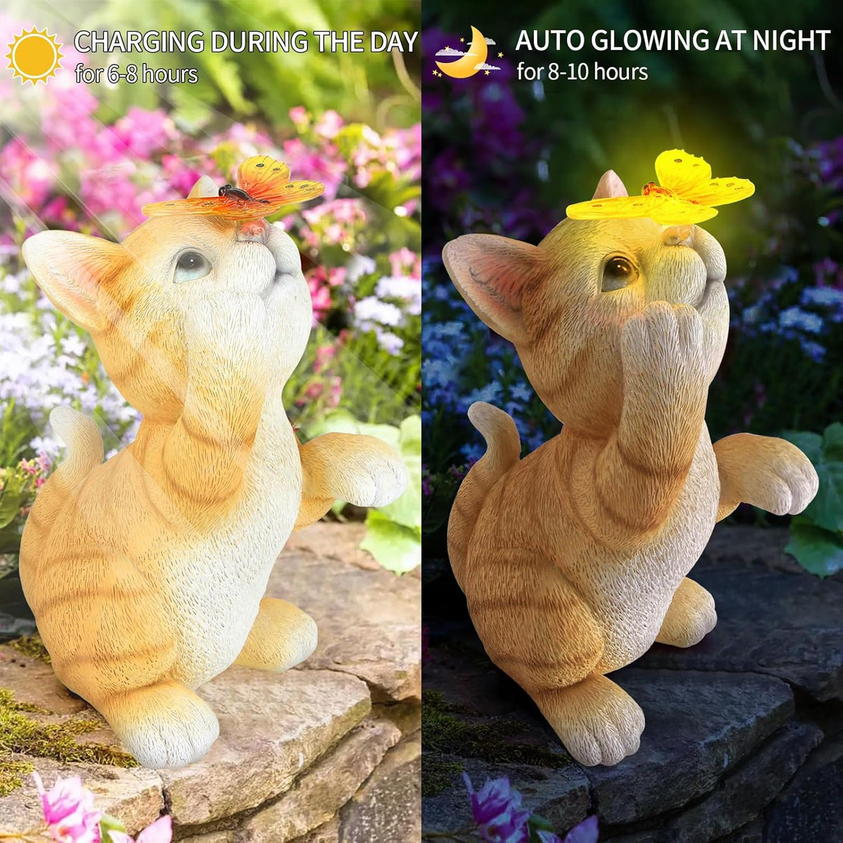 Solar Garden Statue Cat Figurine,Resin Cat Statue Playing Butterfly,Outdoor Decoration for