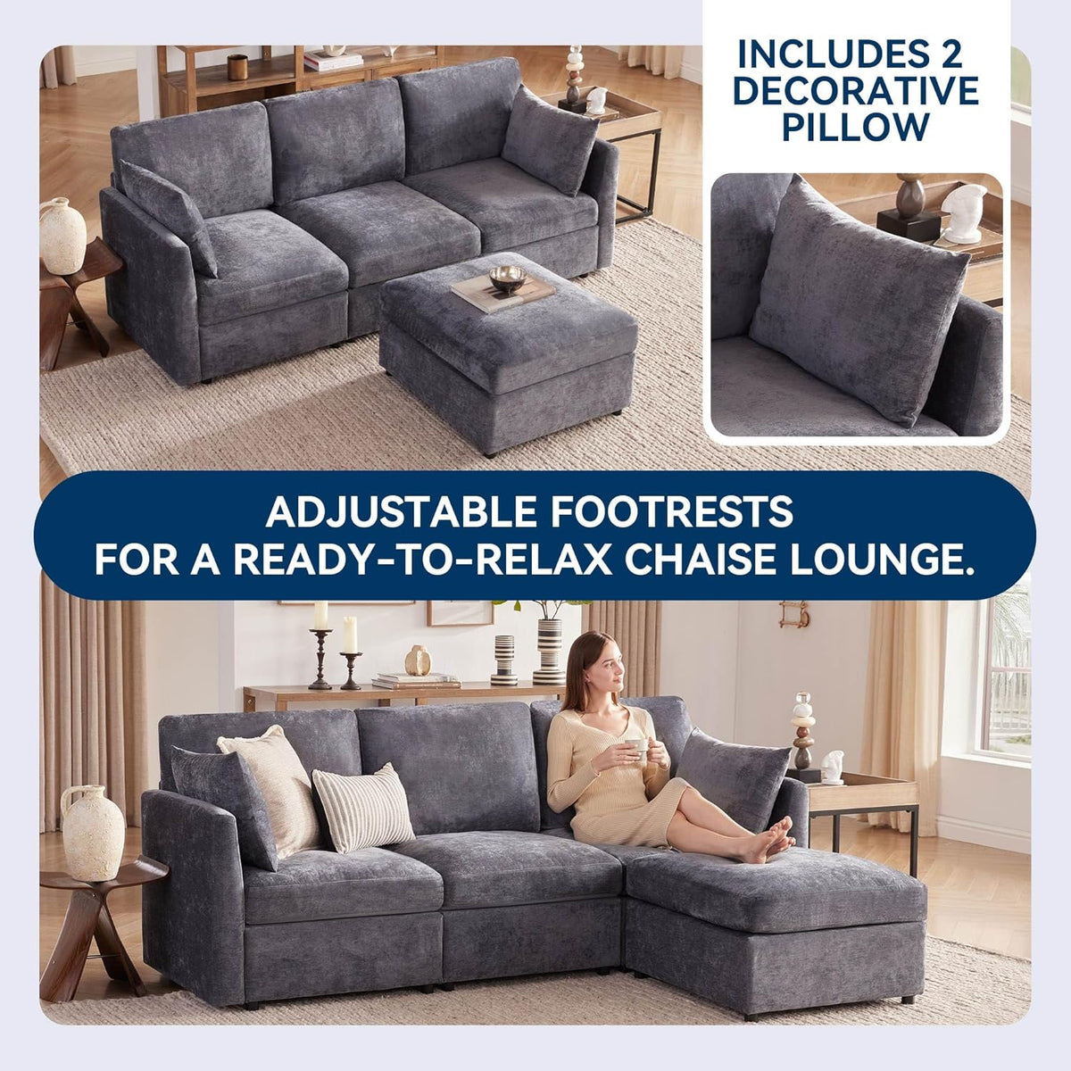 Tbfit Convertible L Shaped Couch, Sectional Sofa for Living Room,Chenille Cloud Couch with Ottoman
