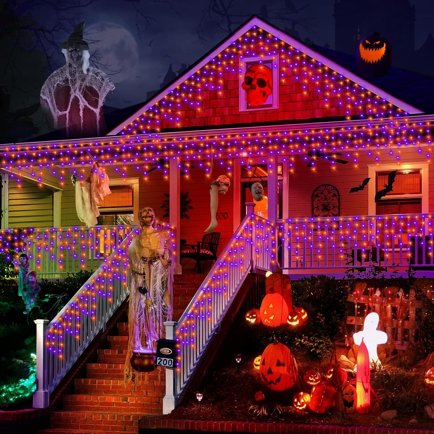 KNONEW 33FT 400 LED Orange Purple Halloween Lights Outdoor Black Wire String Lights with 75 Drops