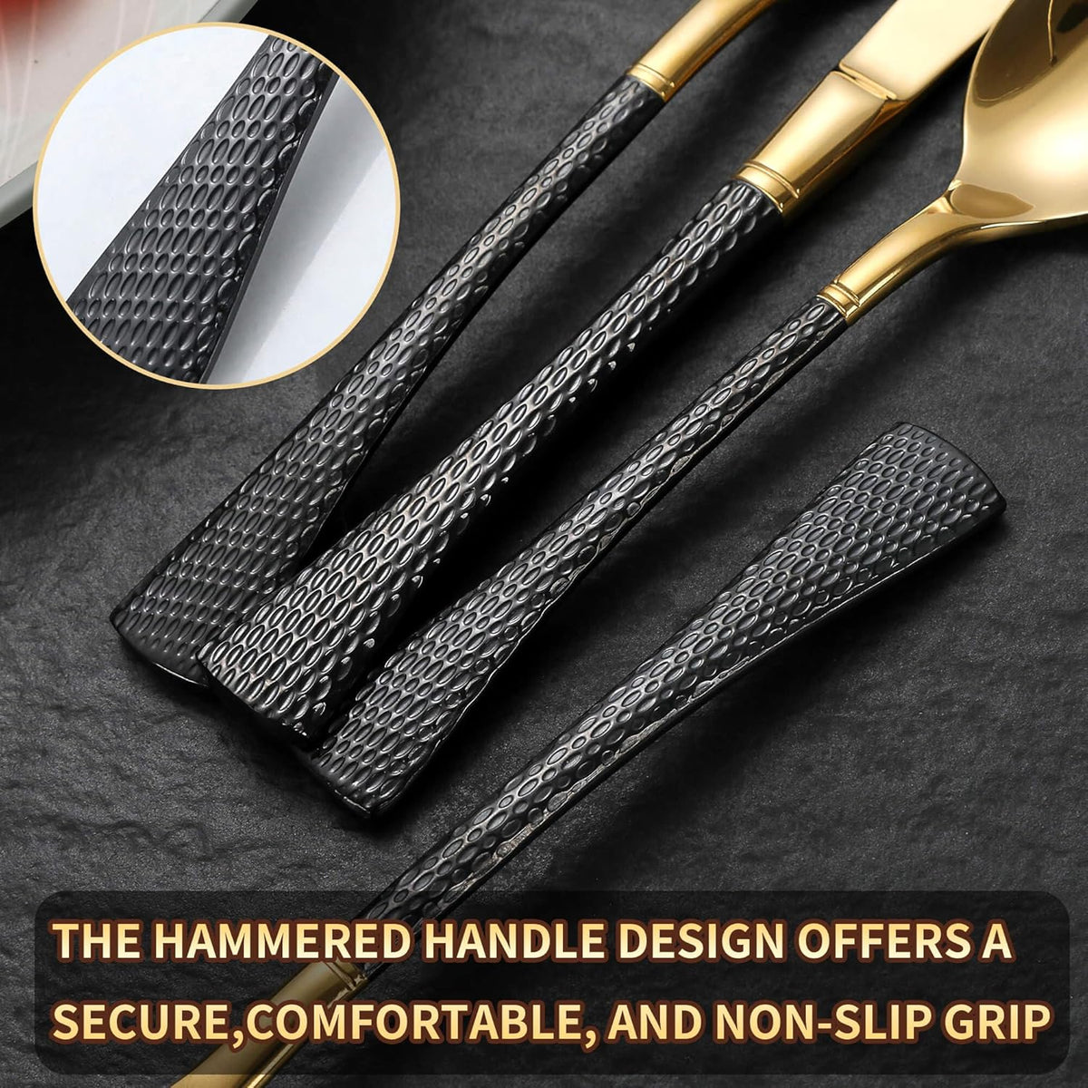 Hammered Black Gold Silverware Set for 8,Stainless Steel 40-Piece Modern Cutlery Set,Mirror