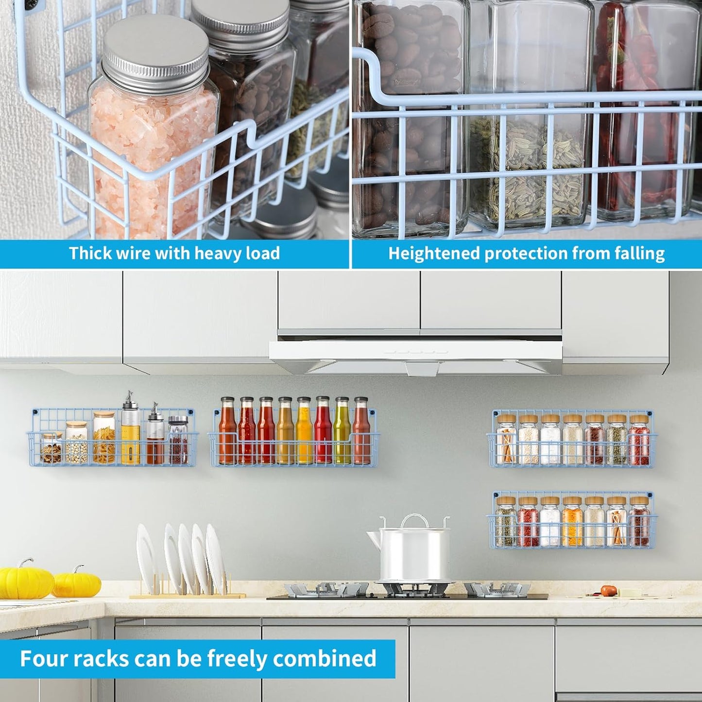 Spice Rack Wall Mount, Wall Spice Organizer for Kitchen Cabinet Door, Pack of 4 Hanging Spice Rack