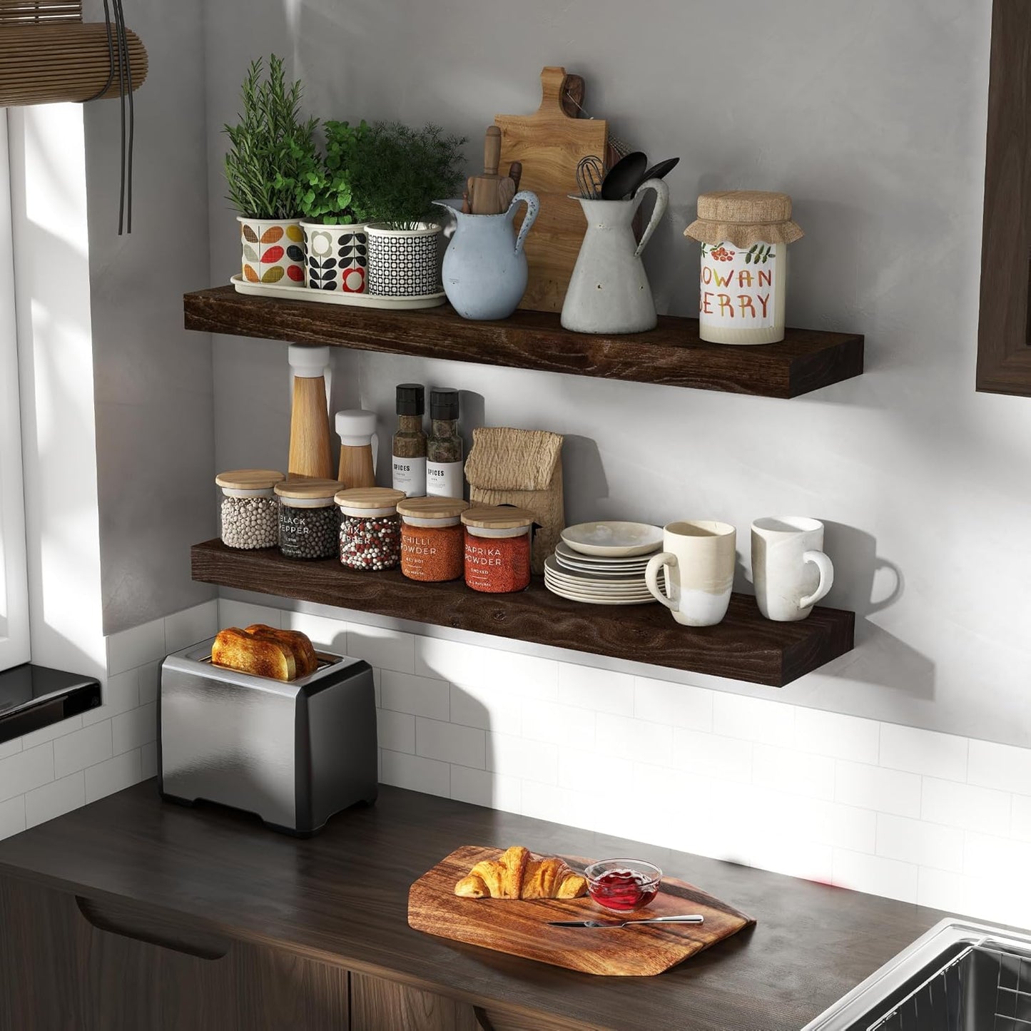 36 Inch Floating Shelves for Wall, Rustic Elm Wood Shelf for Home Decor, Heavy-Duty Wooden Floating