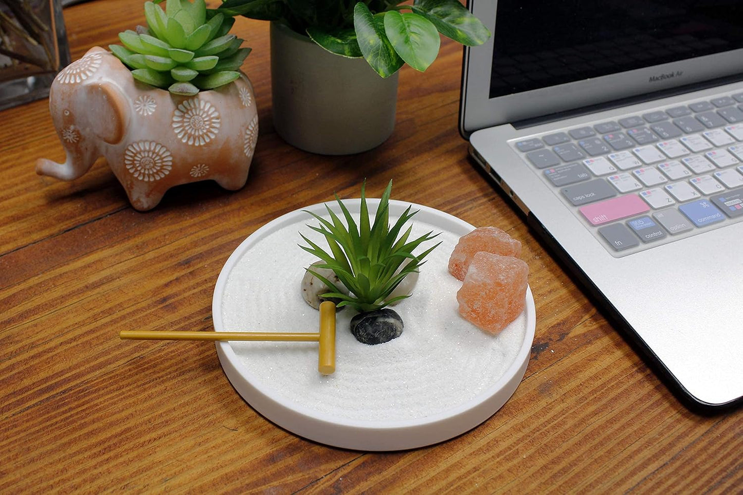 Nature's Mark Mini Zen Garden Kit for Desk with White Sand, Rake, White Base, Salt Rock and Air
