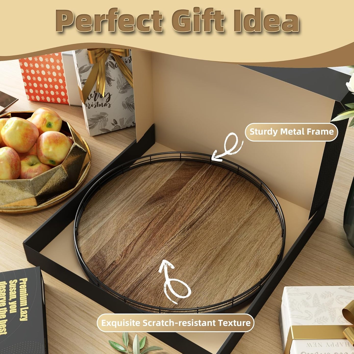 Acacia Wood 16" Lazy Susan Turntable Organizer for Table Top, Farmhouse Large Round Lazy Susan for