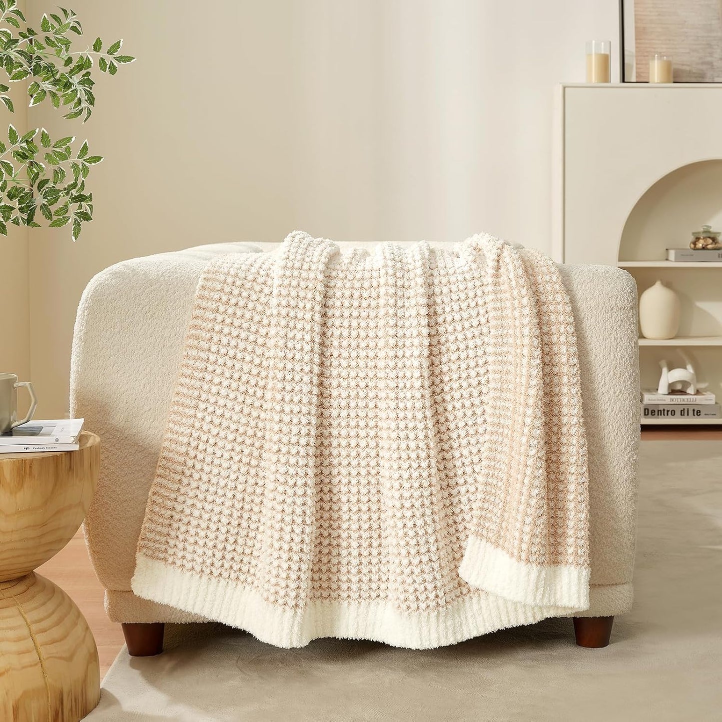 Snuggle Sac Cream Waffle Throw Blanket for Couch Bed Sofa 50x60 inches, Reversible Beige Blanket