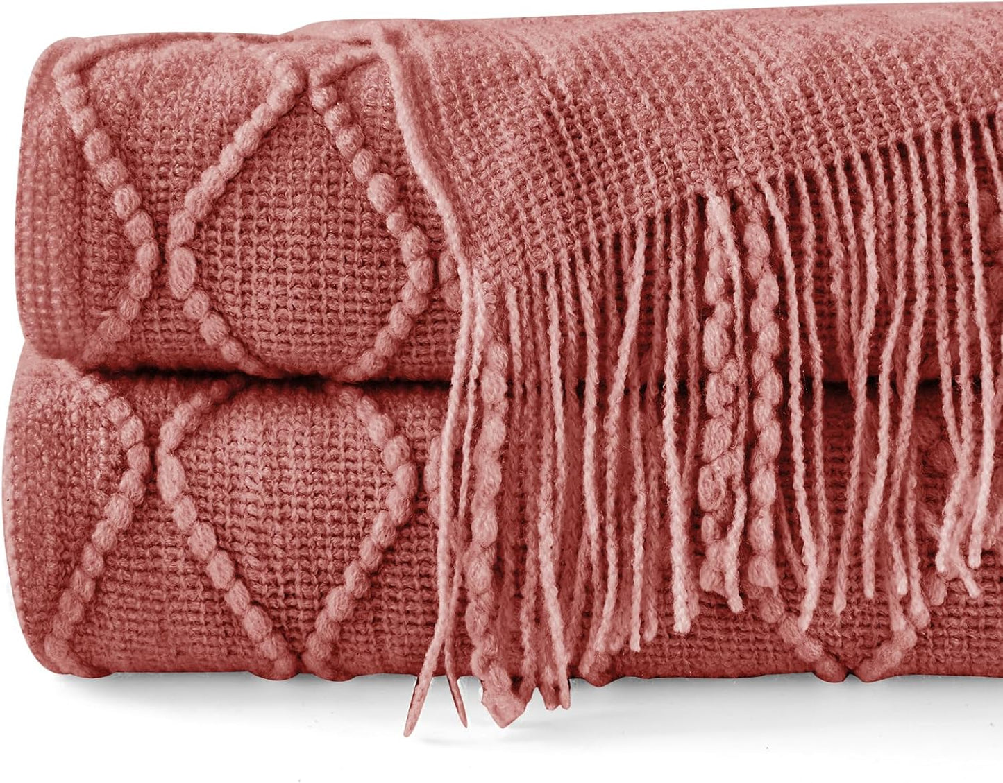 inhand Knitted Throw Blankets for Couch and Bed, Soft Cozy Knit Blanket with Tassel, Coral Pink