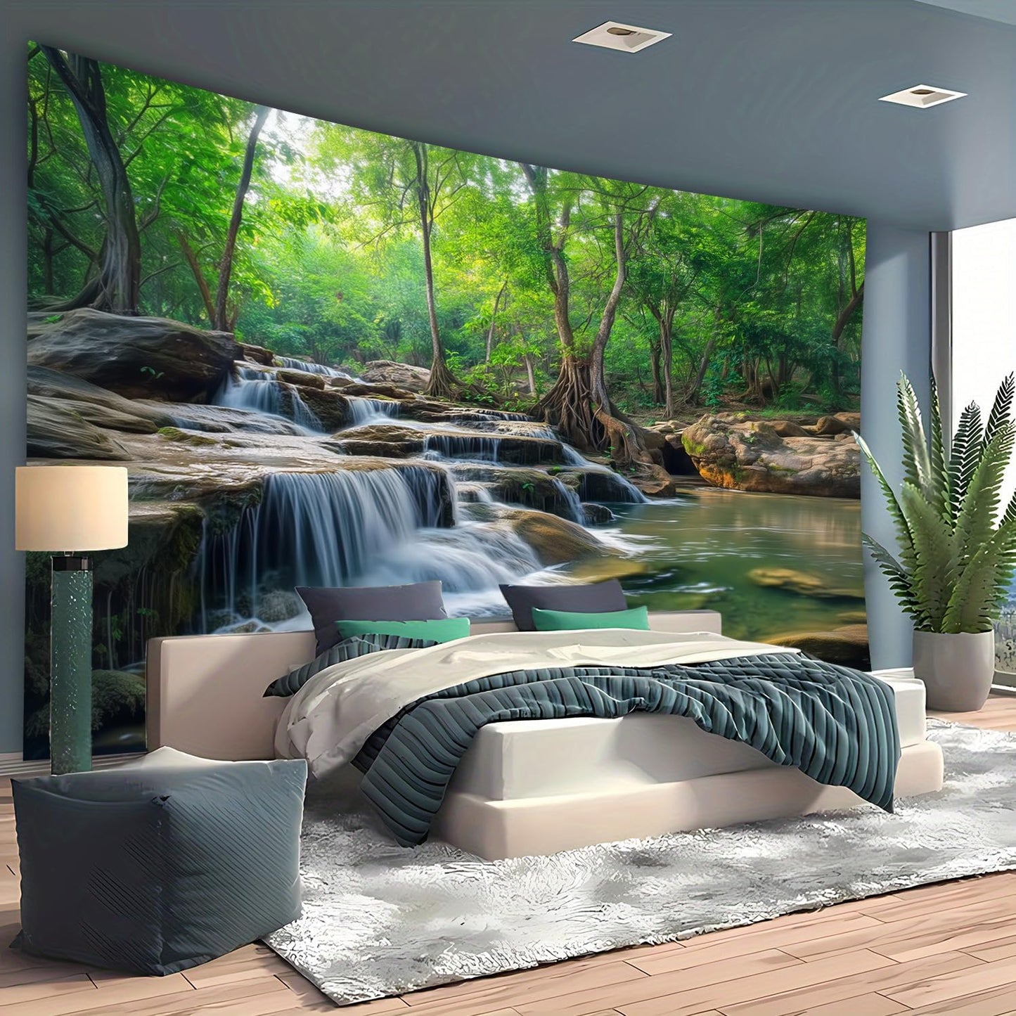 BSFHH Nature Tapestry Forest Tree Sea Cave Wall Hanging, Stream Through Rainforest Landscape Wall