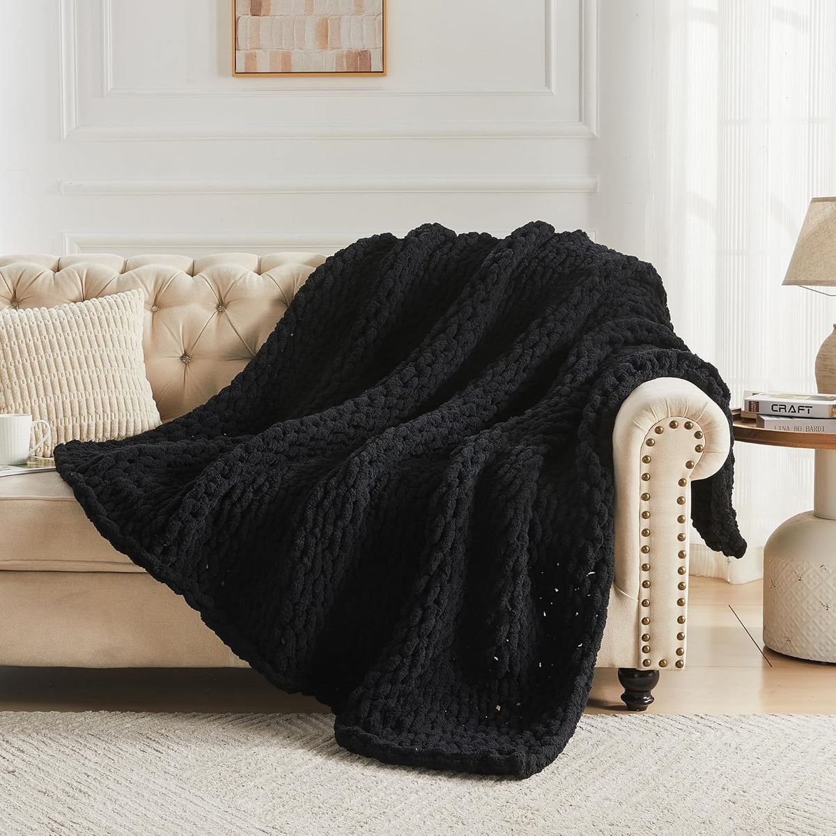 Carriediosa Chunky Knit Throw Blanket 50" X 60", 100% Hand Made Large Chenille Loop Yarn Soft