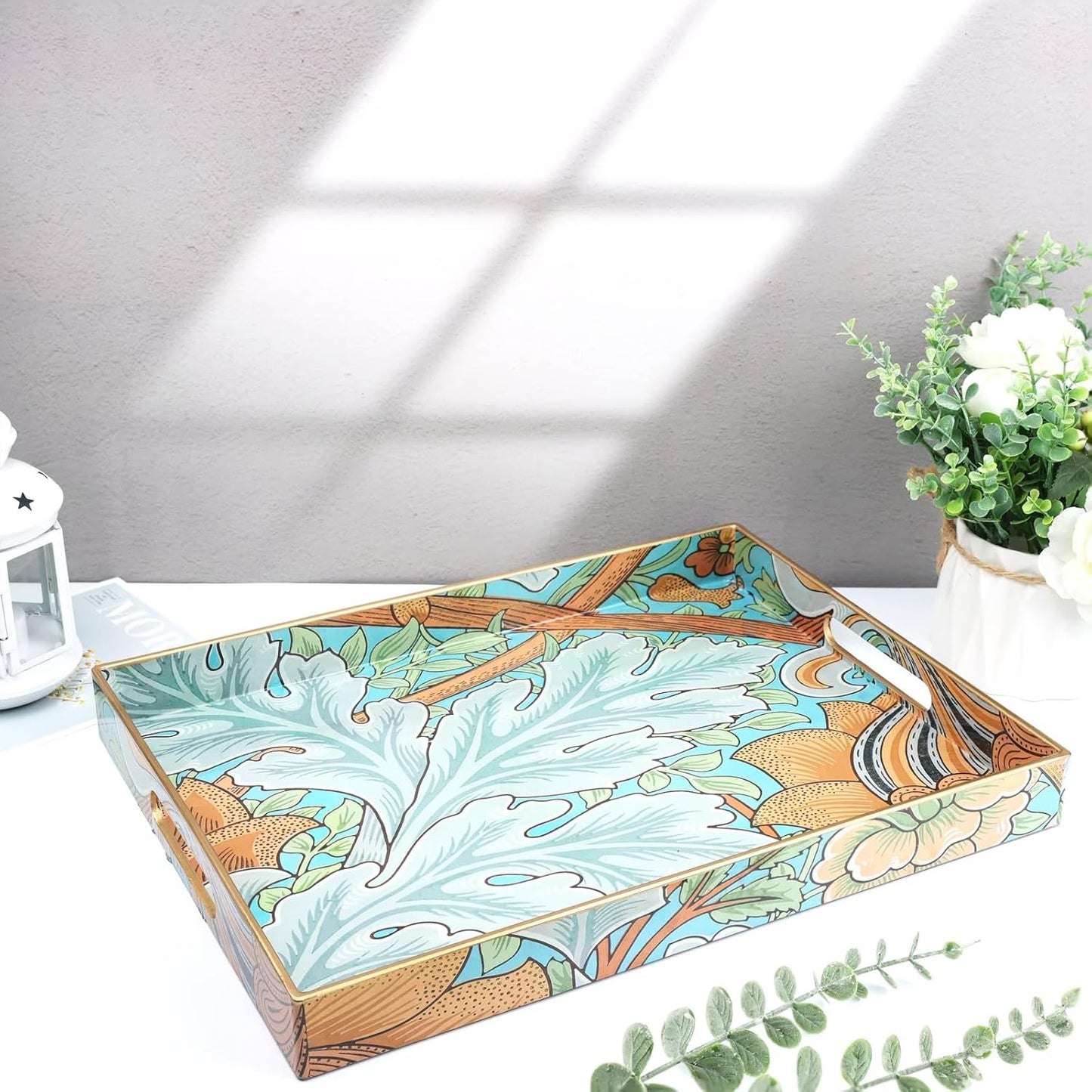 Spsyrine Serving Tray with Handles, Plastic Decorative Tray for Coffee Table, Living Room, Home