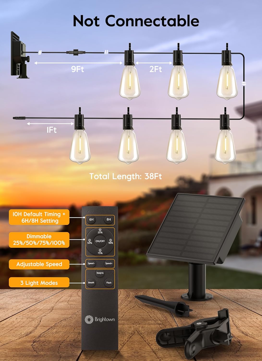 Brightown Solar String Lights Outdoor - 38FT Patio With Remote, 16 Shatterproof LED Bulbs, 3 Light