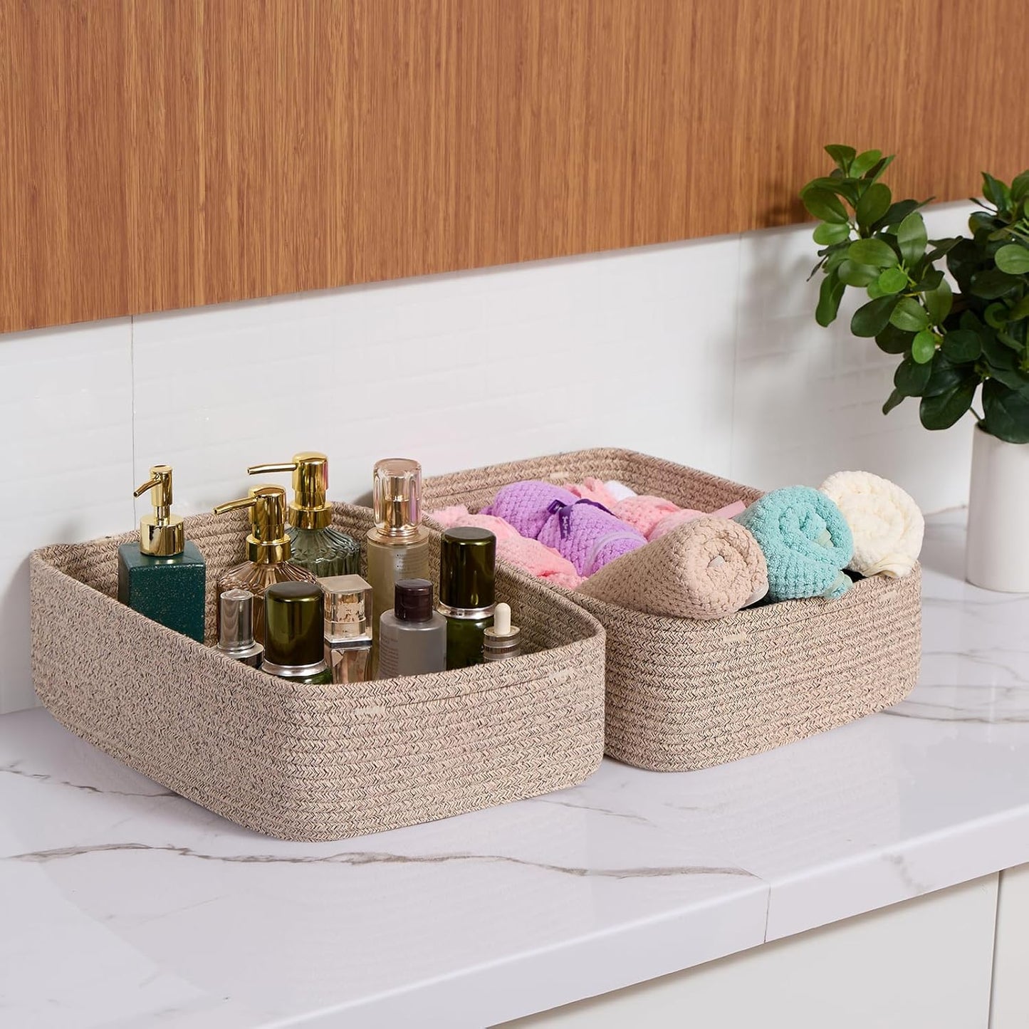 Large Shallow Organizing Baskets 15x11x5.1 Inches - Rope Woven Storage Bins for Bathroom, Shelves