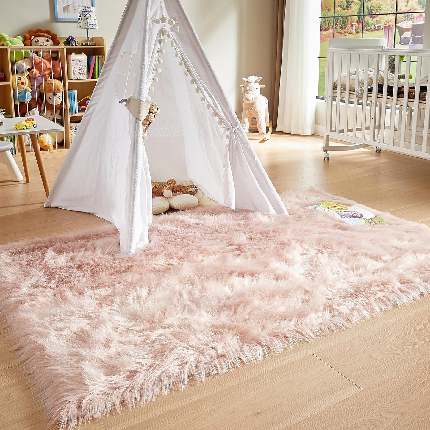 AMTOVO Faux Fur Sheepskin Rug for Living Room, 4 x 6 ft Pink Fluffy Area Rug for Bedroom, Playroom