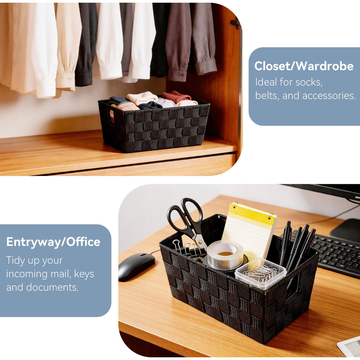 Whitmor Small Woven Storage Baskets for Shelves - Decorative Organizer Bins with Metal Structure