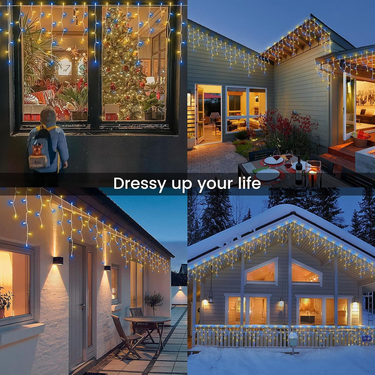 200ct Blue&Clear Mini Icicle Christmas Lights, 23FT White Wire Incandescent Bulb String Lights