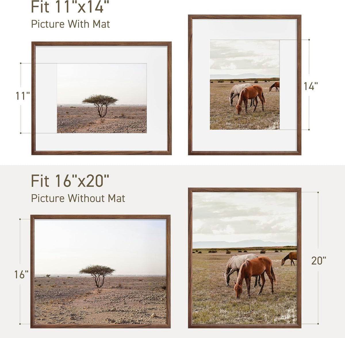 16x20 Picture Frame Set of 4 Natural Solid Walnut Photo Frames with 11x14 Removable Mat Wall