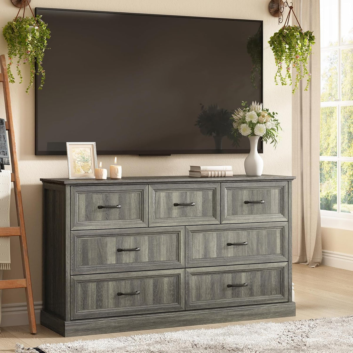 Farmhouse 7 Drawer Dresser for Bedroom, 55 Inch Wide Modern Grey Dresser TV Stand with Large